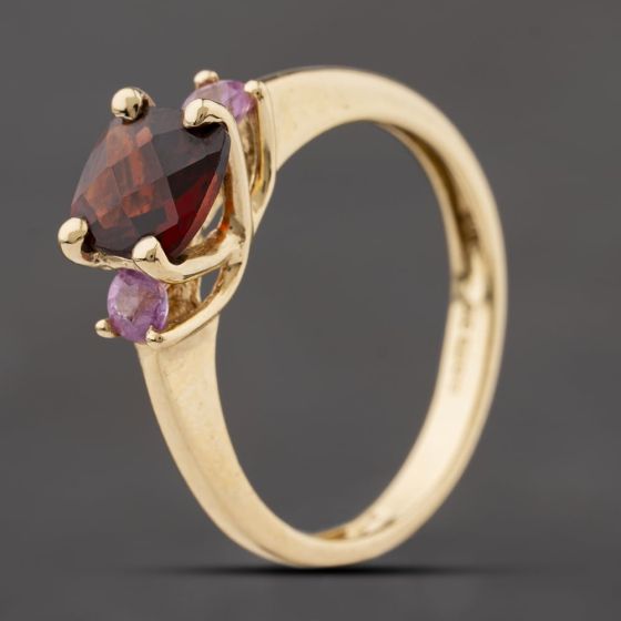 Second Hand 9ct Yellow Gold Garnet & Pink Topaz Three Stone Ring 41104284