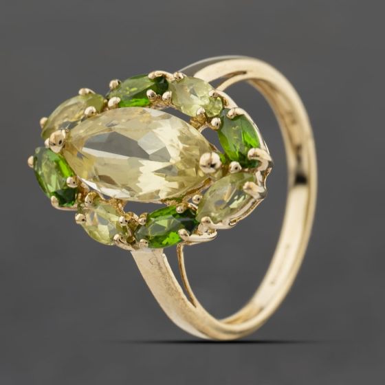 Second Hand 9ct Yellow Gold Diopside & Peridot Marquise Cluster Dress Ring 41104318