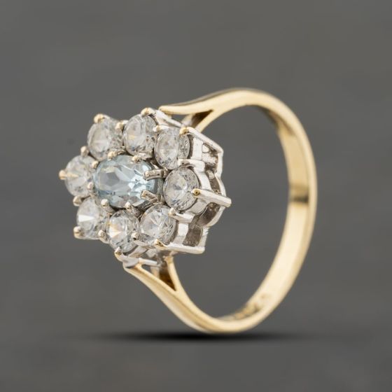 Second Hand 9ct Yellow Gold Blue Topaz & Cubic Zirconia Cluster Ring 41104357