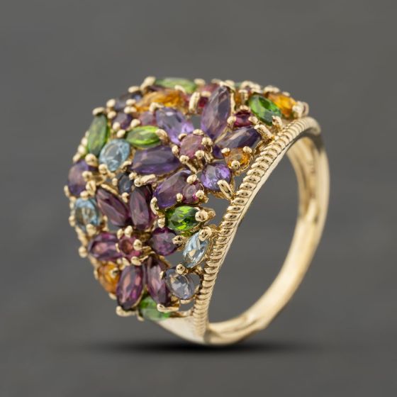 Second Hand 9ct Yellow Gold Multi Stone Flower Basket Cluster Ring 41104379