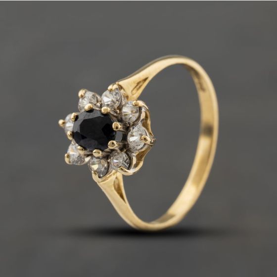 Second Hand 9ct Yellow Gold Sapphire & Cubic Zirconia Cluster Ring 41104410