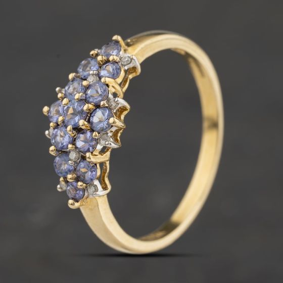 Second Hand 9ct Yellow Gold Tanzanite & 0.10ct Diamond Triple Cluster Ring 41104504