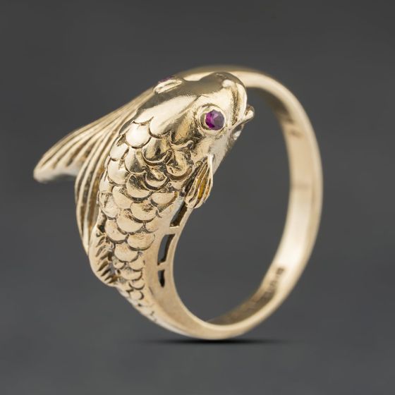 Second Hand Vintage 9ct Yellow Gold Ruby Fish Dress Ring 41104514