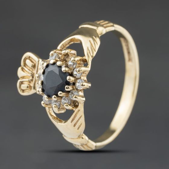 Second Hand 9ct Yellow Gold Sapphire & Cubic Zirconia Claddagh Ring 41104534