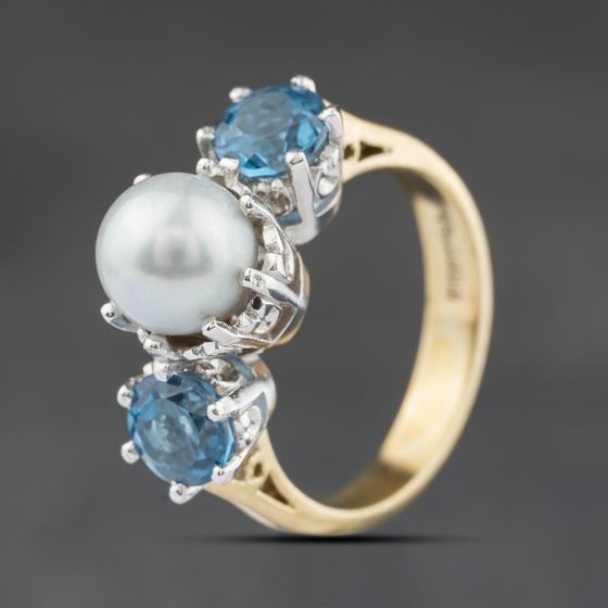 Second Hand 9ct Yellow Gold Blue Topaz & Grey South Sea Pearl Three Stone Ring 41104556