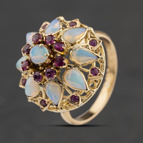 Second Hand Vintage Yellow Gold Opal & Ruby Flower Dress Ring 41104629