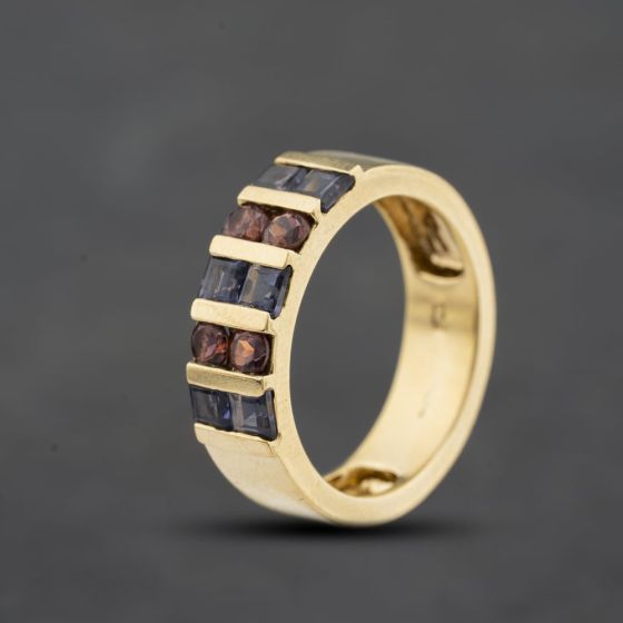 Second Hand 9ct Yellow Gold Tourmaline & Iolite Two Row Band Ring 41104725