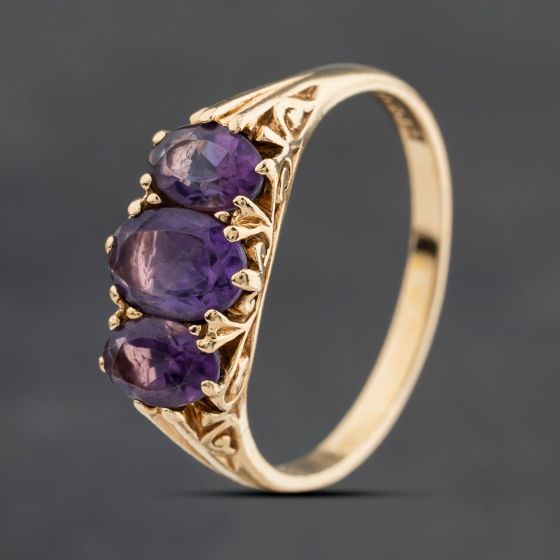 Second Hand 9ct Yellow Gold Amethyst Three Stone Ring 41104853