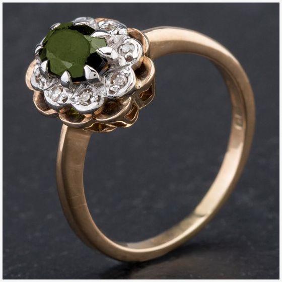 Second Hand 18ct Yellow Gold Oval Green Tourmaline Diamond Ring 4111974