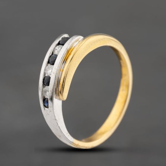 Second Hand 18ct Two Colour Gold Sapphire & Brilliant Cut Diamond Crossover Ring 41121022
