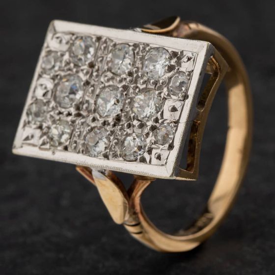 Second Hand Vintage 9ct Two Colour Gold 1.00ct Old Cut Diamond Oblong Cluster Ring 4112118