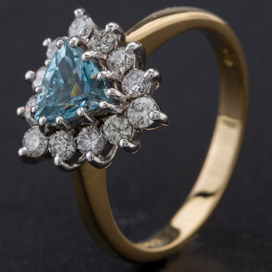 Second Hand 18ct Yellow Gold Aquamarine and Diamond Trillion Shape Cluster Ring 4112267