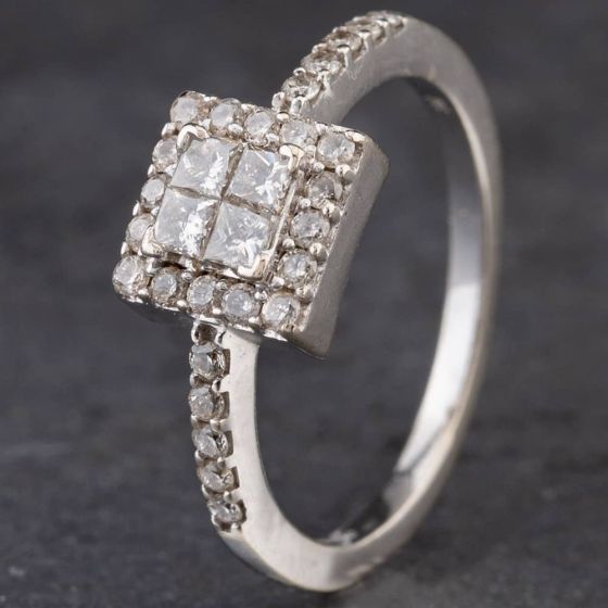 Second Hand 9ct White Gold 0.52ct Diamond Baguette And Brilliant Square Cluster Ring 4112273