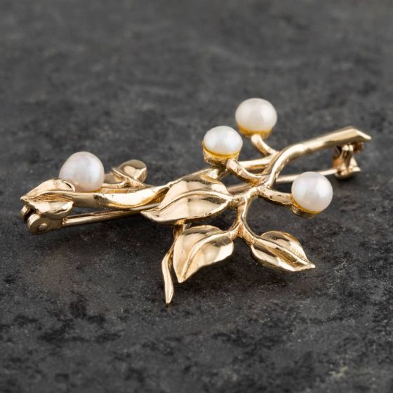 Second Hand 9ct Yellow Gold Pearl Leaf Brooch 4113048