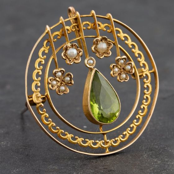 Second Hand Vintage Yellow Gold Peridot & Seed Pearl Brooch 4113077