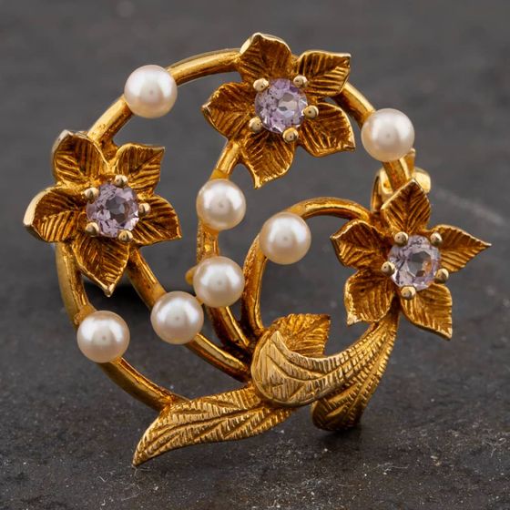 Second Hand Vintage 9ct Yellow Gold Amethyst & Cultured Pearl Flower Brooch 41131022