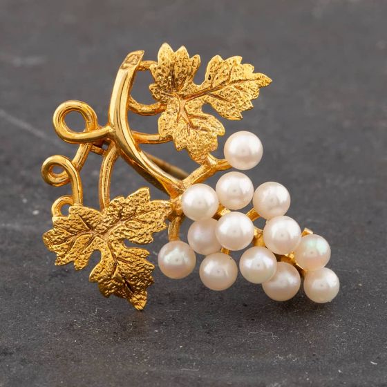 Second Hand 9ct Yellow Gold Cultured Pearl Grape Vine Brooch 41131033