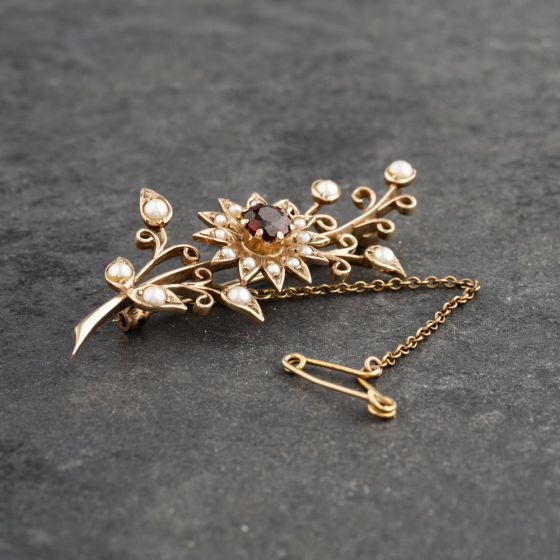 Second Hand Vintage 9ct Yellow Gold Garnet & Seed Pearls Flower Brooch 41131121