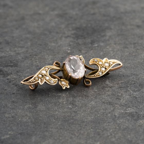 Second Hand Antique Yellow Gold Amethyst & Seed Pearls Ornate Brooch 41131122