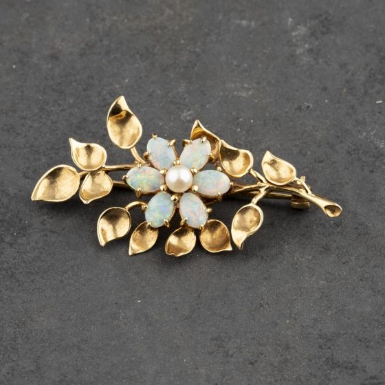 Second Hand 9ct Yellow Gold Opal & Pearl Foliate Brooch 41131142