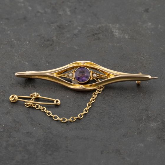 Second Hand 15ct Yellow Gold Amethyst & Seed Pearl Brooch 41131146