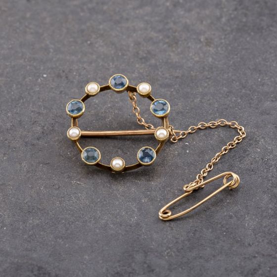 Second Hand Vintage Yellow Gold Aquamarine & Seed Pearl Circle Brooch 41131154