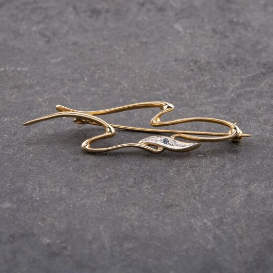 Second Hand 9ct Two Colour Gold Sapphire & Diamond Decorative Ribbon Brooch 41131156