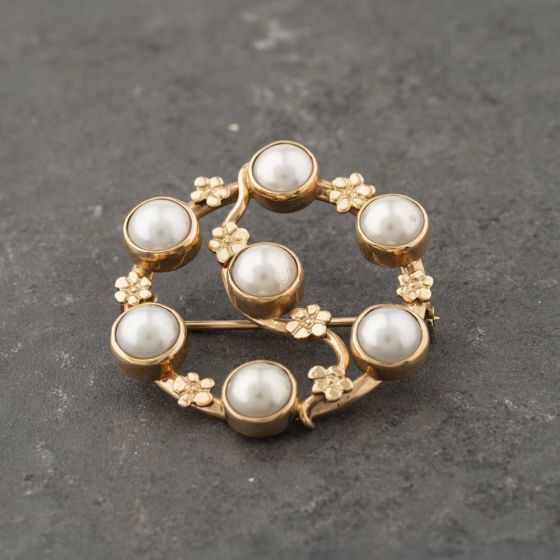 Second Hand 9ct Yellow Gold Cultured Pearl Wreath Brooch 41131171