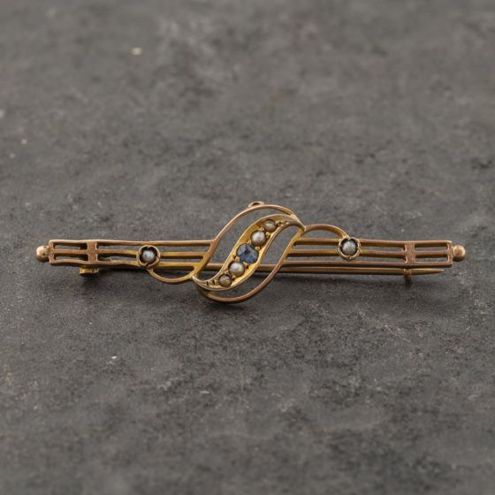 Second Hand Antique Rose Gold Sapphire & Seed Pearl Bar Brooch 41131173