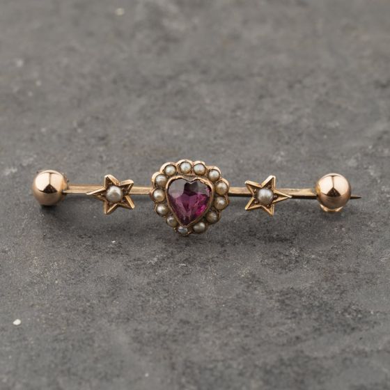 Second Hand Rose Gold Garnet & Seed Pearl Star And Ball Bar Brooch 41131174