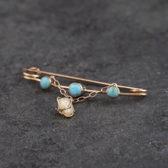 Second Hand Vintage Yellow Gold Turquoise & Freshwater Pearl Brooch 41131178