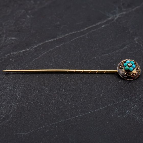 Second Hand Vintage Old Cut Diamond and Turquoise Fancy Stick Pin 4113446