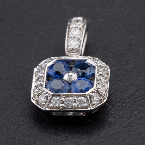 Second Hand 14ct White Gold Sapphire Diamond Square Shaped Pendant 4114091