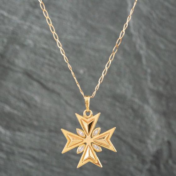 Second Hand 9ct Yellow Gold Cubic Zirconia Maltese Cross Pendant & 20 Inch Curb Chain 41141005