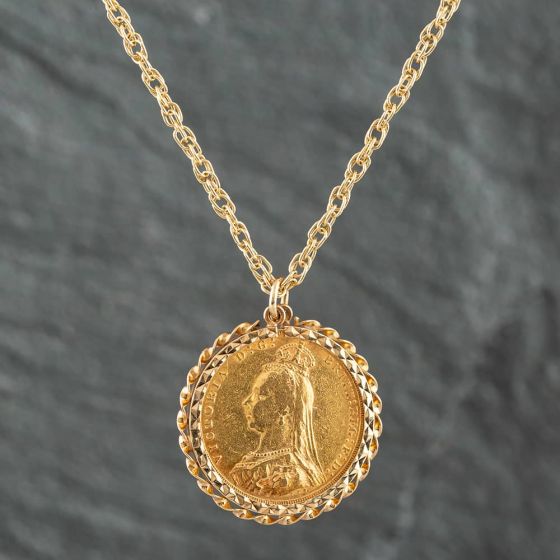 Second Hand Yellow Gold 1889 Victoria Full Sovereign Coin Keeper Pendant & 24 Inch Prince Of Wales Chain 41141014
