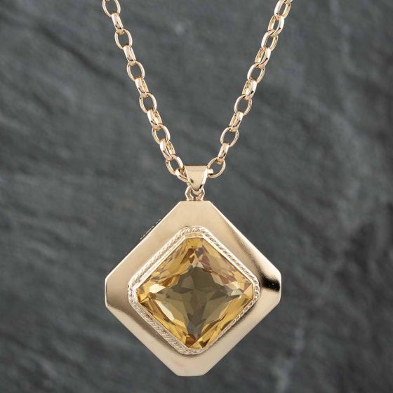 Second Hand Vintage 9ct Yellow Gold Citrine Gemstone Pendant & 30 Inch Belcher Chain 41141016