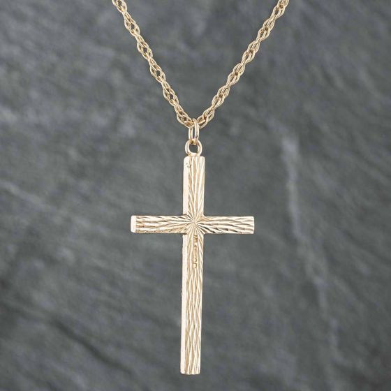 Second Hand 9ct Yellow Gold Diamond Cut Cross Pendant & 26 Inch Prince Of Wales Chain 41141023
