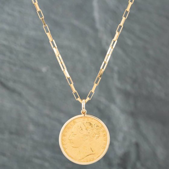 Second Hand 9ct Yellow Gold Queen Victoria 1863 Full Sovereign Pendant & 18 Inch Paper Link Chain 41141047