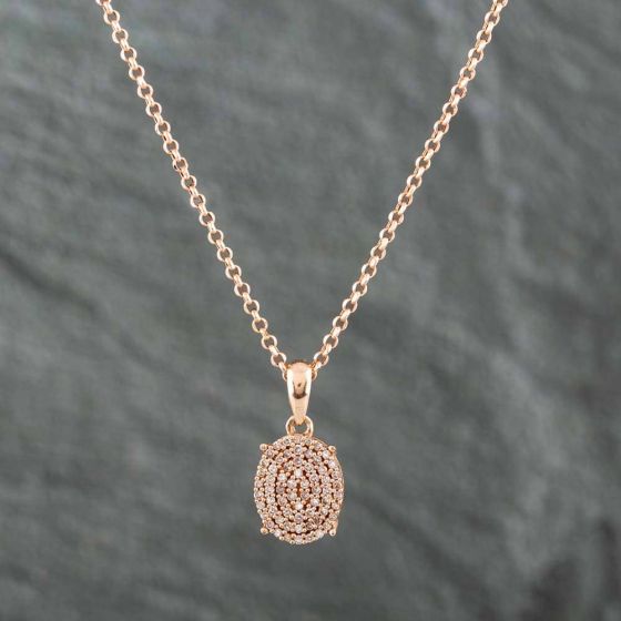 Second Hand 9ct Rose Gold Brilliant Cut Diamond Oval Pave Pendant & 18 Inch Trace Chain 41141075