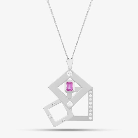 Second Hand 9ct White Gold Pink Sapphire & Diamond Pendant & 18 Inch Curb Chain 41141086