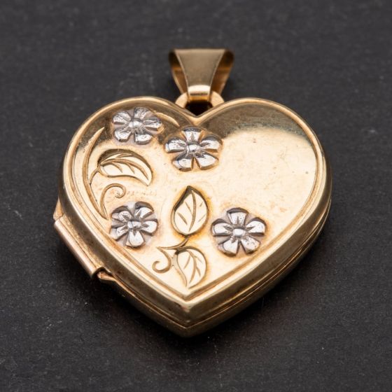 Second Hand 9ct Two Colour Gold Heart Shaped and Flower Designed Locket 4114115