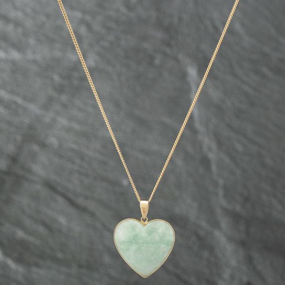 Second Hand 9ct Yellow Gold Heart Shaped Jade Pendant & 18 Inch Curb Chain 41141176
