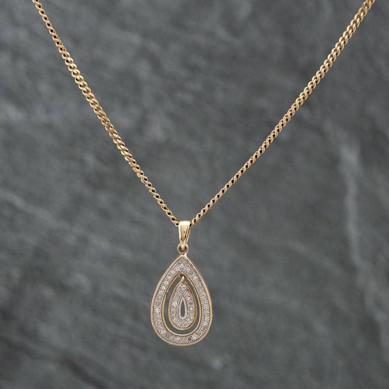 Second Hand 9ct Yellow Gold Diamond Pear Shaped Pendant & 20 Inch Curb Chain 41141273