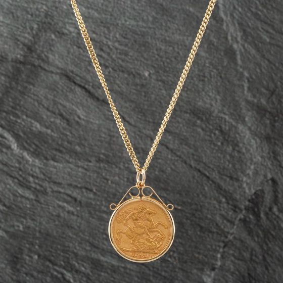 Second Hand Yellow Gold 1898 Victoria Full Sovereign Coin Keeper Pendant & 20 Inch Curb Chain 41141290