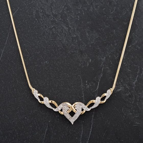 Second Hand 9ct Yellow Gold 16" Diamond Set Heart and Swirls Flat Collarette Style Necklace 4114131