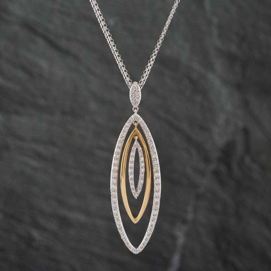 Second Hand 18ct Two Colour Gold Diamond Triple Marquise Pendant & 18 Inch Belcher Chain 41141324