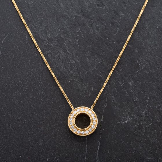 Second Hand 18ct Yellow Gold 16" Round Brilliant Cut Diamond Circle Spiga Link Necklace 4114133