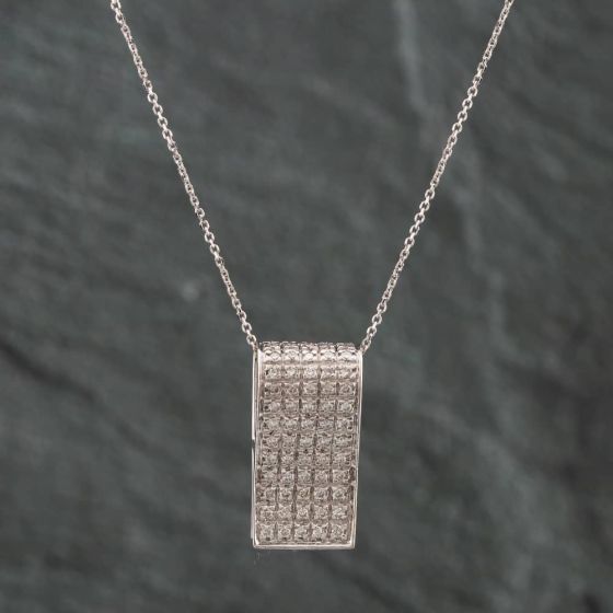 Second Hand 18ct White Gold Brilliant Cut Diamond Rectangular Pave Pendant & 18 Inch Trace Chain 41141409