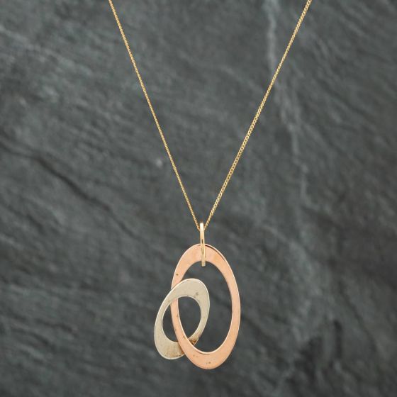 Second Hand 9ct Three Colour Gold Double Oval Pendant & 18 Inch Curb Chain 41141419