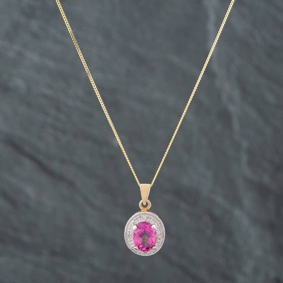 Second Hand 9ct Yellow Gold Oval Cut Pink Topaz Pendant & 18 Inch Curb Chain 41141445
